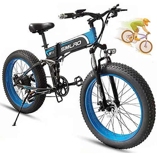 Bicicletas eléctrica : COZY LS Bicicleta Eléctrica E-MTB neumático Gordo Bike 26" Full Suspension, Plegable, batería Litio 48V 13Ah 350w Bicicleta de Nieve Crucero Todoterreno Carreras de montaña Moto de Nieve Blue