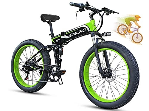 Bicicletas eléctrica : COZY LS Bicicleta Eléctrica E-MTB neumático Gordo Bike 26" Full Suspension, Plegable, batería Litio 48V 13Ah 350w Bicicleta de Nieve Crucero Todoterreno Carreras de montaña Moto de Nieve Green