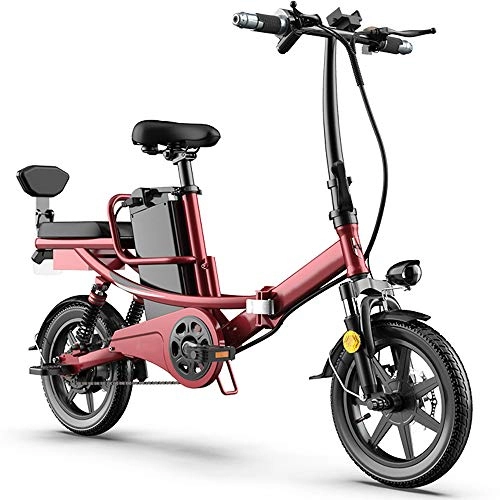 Bicicletas eléctrica : DREAMyun Bicicleta Eléctrica Plegables, 350W Motor Bicicleta Plegable 25 km / h, 14" Bici Electricas Adulto, Batería 48V / 11Ah, Asiento Ajustable, con Pedales, con sedile posteriore, Rojo