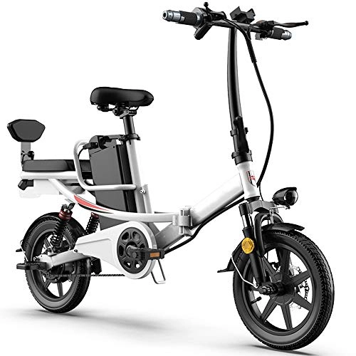 Bicicletas eléctrica : DREAMyun Bicicleta Eléctrica Plegables, 350W Motor Bicicleta Plegable 25 km / h, 14" Bici Electricas Adulto, Batería 48V / 15Ah, Asiento Ajustable, con Pedales, con sedile posteriore, Blanco