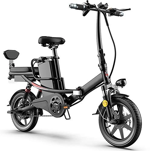 Bicicletas eléctrica : DREAMyun Bicicleta Eléctrica Plegables, 350W Motor Bicicleta Plegable 25 km / h, 14" Bici Electricas Adulto, Batería 48V / 20Ah, Asiento Ajustable, con Pedales, con sedile posteriore, Negro