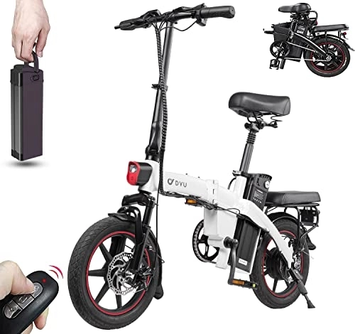 Bicicletas eléctrica : DYU Bicicleta Eléctrica Plegable, 14 Pulgadas Inteligente Bicicleta con Asistencia de Pedales, E-Bike con LCD Pantalla, Compacta Portátil Bici , Batería Extraíble, Unisex Adulto (Blanco)