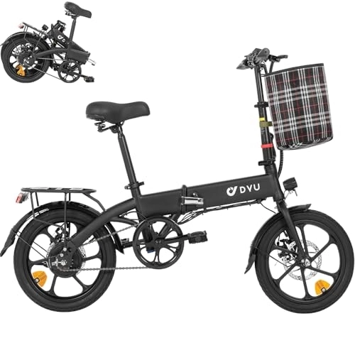 Bicicletas eléctrica : DYU Bicicleta Eléctrica Plegable, 16 Pulgadas Ebike con Indicador de Bateria, 36V 7.8Ah Inteligente E-Bike con Cesta Extraíble, Estante Trasero, Pedal Asistido, Unisex Adulto (Negro)