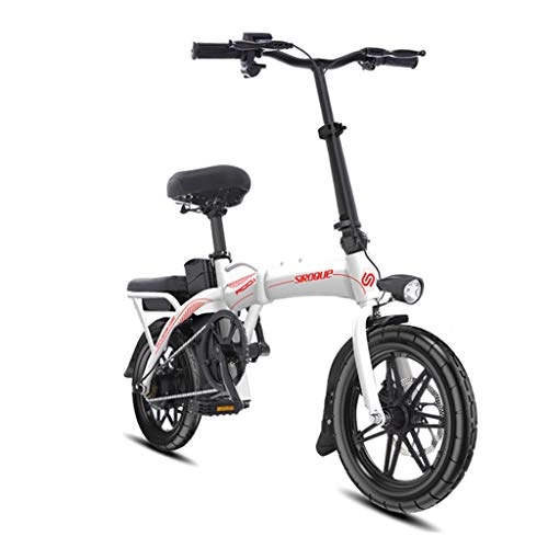 Bicicletas eléctrica : Elctricas Bicicleta Plegable 14 Pulgadas Inteligente Ligero con Luz LED Coche Batera De Litio Pequea 48V10AH Bicicleta, Vida til 50km (Color : Blanco, Size : 125 * 57 * 100cm)
