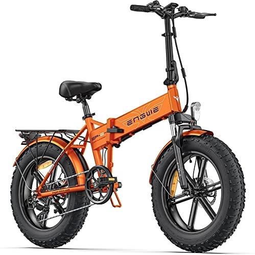 Bicicletas eléctrica : ENGWE Bicicleta Eléctrica Plegable, 20"×4.0" Fat Tire 7 Velocidades Bici Eléctrica de 48V 13Ah Batería Extraíble Alcance hasta 50-120km, E-bike para Todo Terreno, MTB, Playa y Nieve (Naranja-2)