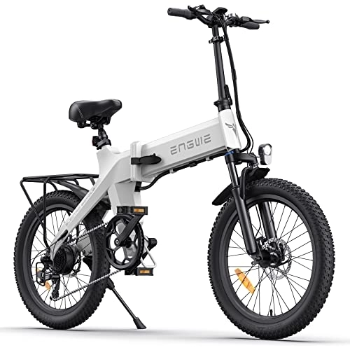 Bicicletas eléctrica : ENGWE C20 Bicicleta Eléctrica Plegable E-Bike 2 0"× 3.0 Fat Tire, Motor de 250W 36V, Batería de 15.6Ah con un alcance de 40-120 km, 7 velocidades , Bicicleta de Ciudad Todoterreno (Blanco)