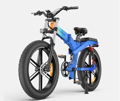 Bicicletas eléctrica : ENGWE x24 / X26 Bicicleta Eléctrica Plegable con 24" / 26" x 4.0 Fat Tire Batería 48V 19.2AH / +10AH Kilometraje 100 / 150 km, 3 Suspensión Triple 8-Velocidades Ebike (Azul, X26 Dual Batería 19.2AH+10AH)
