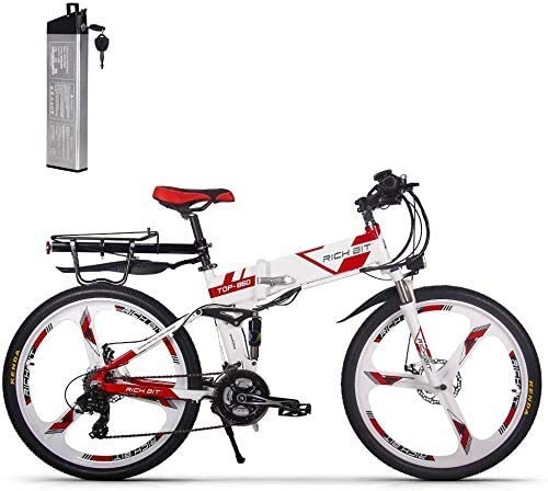 Bicicletas eléctrica : ENLEE Rich bit TOP-860 36V 250W 12.8Ah Bicicleta de Ciudad de suspensión Completa Bicicleta de montaña Plegable eléctrica Plegable (White-Red)