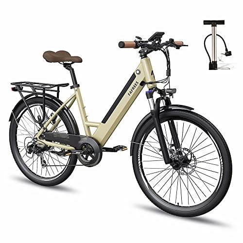 Bicicletas eléctrica : Fafrees Bicicleta eléctrica F26 Pro, Bicicleta eléctrica Urbana para Adultos de 26 Pulgadas y 250 W, batería extraíble de 10 Ah, Shimano de 7 velocidades, Control de aplicación, Dorado
