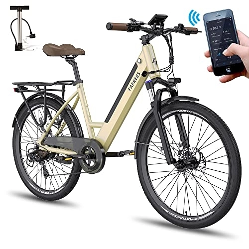 Bicicletas eléctrica : Fafrees Bicicleta eléctrica F26 Pro con aplicación E-Bike 26 pulgadas 250 W bicicleta eléctrica hombre mujer 42 Nm batería 36 V / 10 Ah Shimano 7 velocidades Citybike e-bike oro