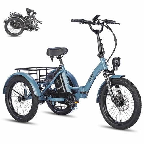 Bicicletas eléctrica : Fafrees F20 Mate Triciclo Eléctrico, Triciclo Plegable, Batería de 48 V / 18, 2 Ah, Cesta Trasera, Triciclo eléctrico de 20" x 3, 0" para Adultos y Ancianos, Alcance 55-110 km (Azul)