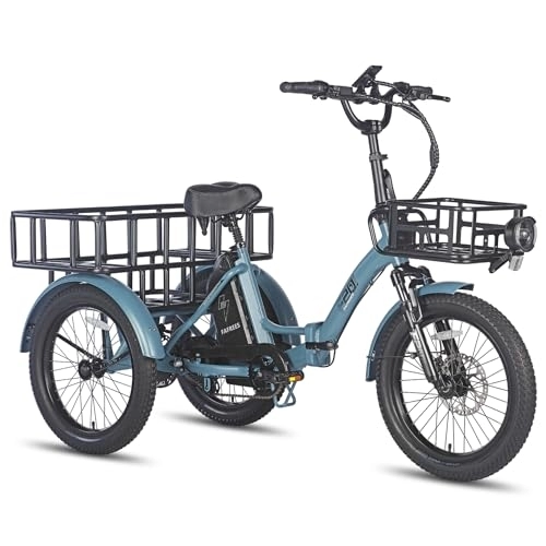 Bicicletas eléctrica : Fafrees F20 Mate Triciclo Eléctrico, Triciclo Plegable, Batería de 48 V / 18, 2 Ah, Triciclo eléctrico de 20" x 3, 0" para Adultos, Cesta Delantera+Trasera, Alcance 55-110 km, Azul