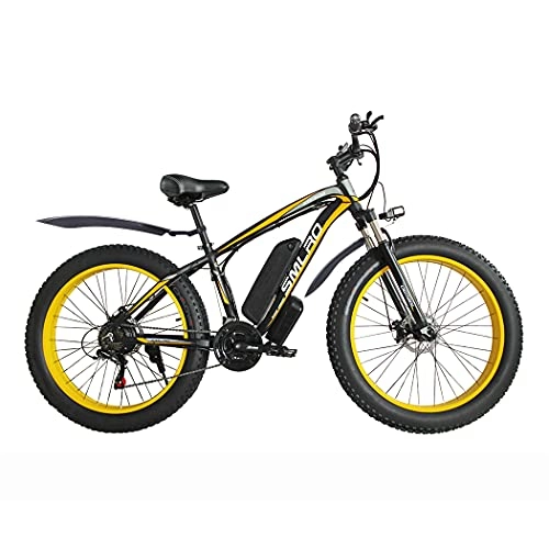 Bicicletas eléctrica : Fat Tire - Bicicleta eléctrica de montaña eléctrica para Adultos, 26 x 4 Pulgadas, 7 velocidades, Bicicleta de Nieve Todoterreno con batería de Litio extraíble de 48 V (Negro y Amarillo 15 A)