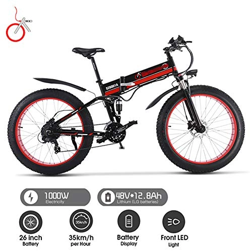 Bicicletas eléctrica : FJNS Bicicleta elctrica de montaña 1000 W, Batera 48V 12.8AH E-Bike 21 Sistema de Transmisin de Velocidades con Batera de Litio Desmontable y Frenos de Disco hidrulicos, Negro