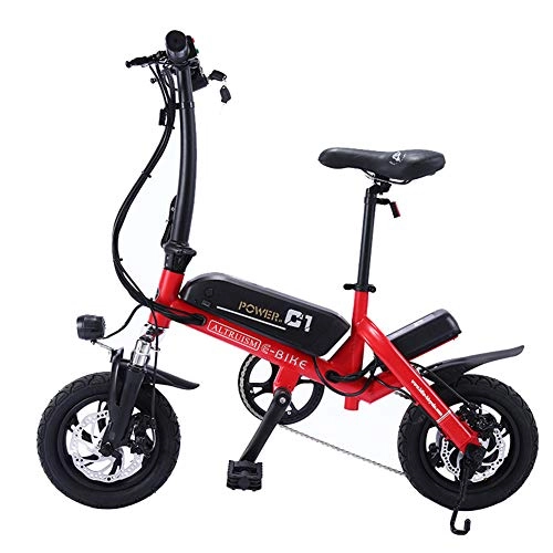 Bicicletas eléctrica : FJNS Bicicleta Electrica Plegable de 12 Pulgadas, Bicicletas eléctricas Plegables para Adultos, Suspensión Trasera, Bicicleta Unisex con Asistencia de Pedal, 250 W / 36 V, Rojo