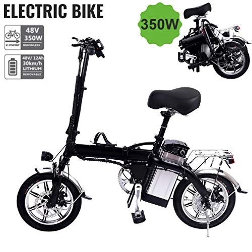 Bicicletas eléctrica : GTON Bicicleta elctrica Plegable, E-Bike Bicicleta de aleacin de Aluminio de 350W, 30 km / h - 35 km / h, batera extrable de Iones de Litio de 48 V / 12 Ah, Faro y luz Trasera LED, Negro