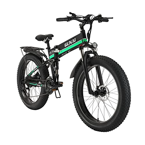 Bicicletas eléctrica : GUNAI Bicicleta eléctrica 26 Pulgadas Bicicleta de Nieve Plegable de neumáticos Gruesos Bicicleta eléctrica de montaña de 7 velocidades con Asiento Trasero （Verde）