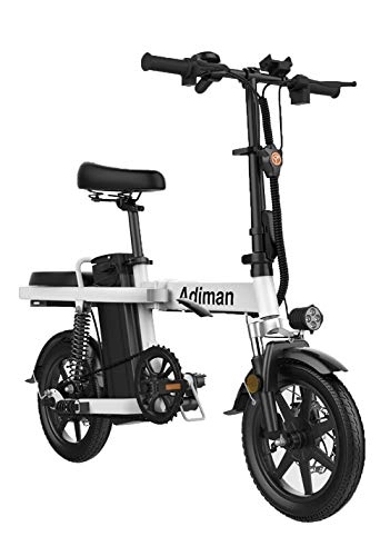 Bicicletas eléctrica : GUOJIN Bicicleta Eléctrica 350W Motor Bicicleta Plegable 25 Km / H, Bici Electricas Adulto con Ruedas de 14", Batería 48V 15Ah, Asiento Ajustable Carga de La Bicicleta 250 Kg, Blanco