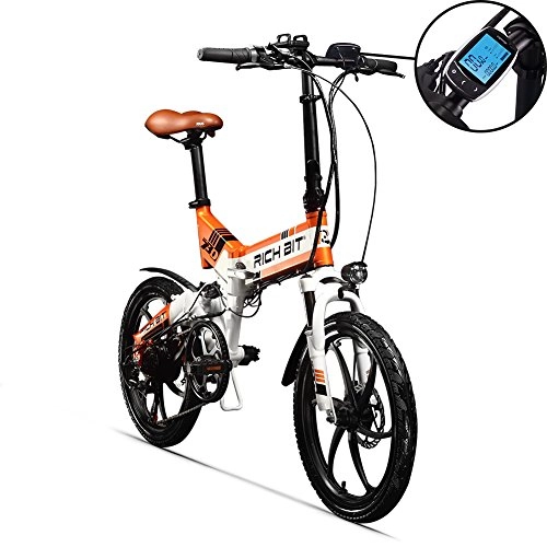 Bicicletas eléctrica : GUOWEI Rich bit RT-730 48V 8Ah batera de Litio Popular Suspensin Completa Bicicleta elctrica Plegable Nueva Pantalla LCD Inteligente (White-Orange)