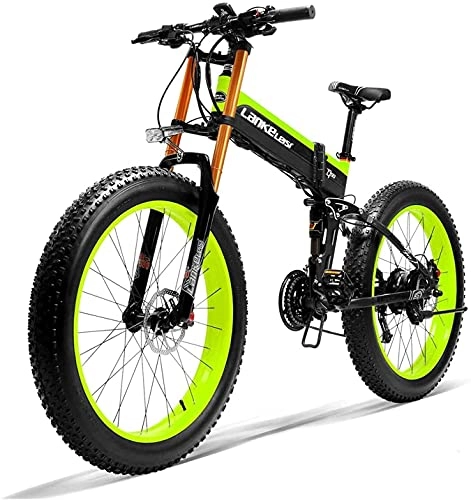 Bicicletas eléctrica : Haowahah Lankeleisi bicicleta eléctrica completa bicicleta eléctrica plegable bicicleta eléctrica 26 pulgadas 4.0 neumático grande 750plus 48V 14.5ah 1000W actualización tenedor (verde, una batería)