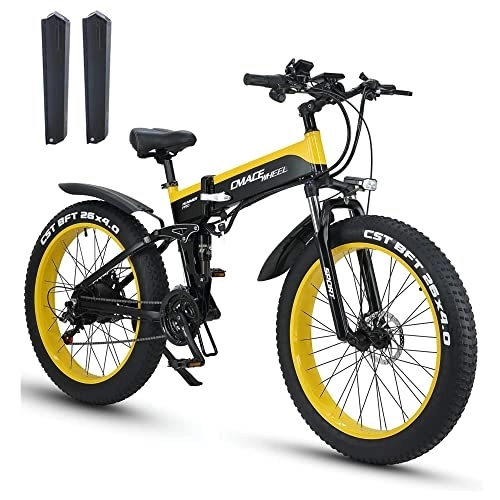 Bicicletas eléctrica : HFRYPShop 26'' Bicicleta Electrica Montaña, Bicicleta Eléctrica Plegable 2 * 10.8Ah batería Litio 48V, con Neumático Gordo 26"* 4", Kilometraje de Recarga hasta 120km, E-MTB Full Suspension (Giallo)