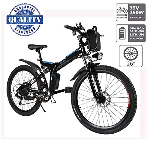 Bicicletas eléctrica : Hiriyt 26" Bicicleta elctrica de montaña, 250W, Batera 36V E-Bike Sistema de Transmisin de 21 Velocidades con Linterna con Batera de Litio Desmontable con Tres Modos de Trabajo (26" Black_2)