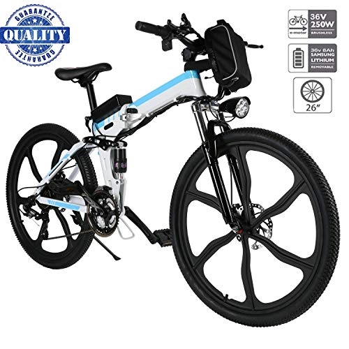 Bicicletas eléctrica : Hiriyt 26" Bicicleta eléctrica de montaña, 250W, Batería 36V E-Bike Sistema de Transmisión de 21 Velocidades con Linterna con Batería de Litio Desmontable con Tres Modos de Trabajo (26" White_1)