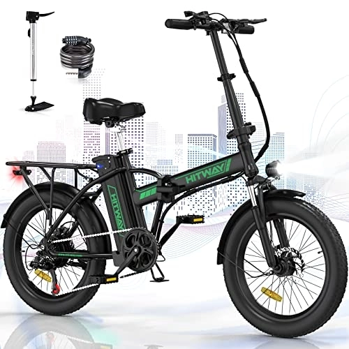Bicicletas eléctrica : HITWAY Bicicleta eléctrica 20 3.0 Bicicleta Montaña Plegable Ebike Fatbike, 36V / 11, 2Ah Batería, 250W Motor, Shimano 7 Vel, E-MTB, Pedal Assist, Alcance 35-90KM, Negro+verde-EU (BK11)