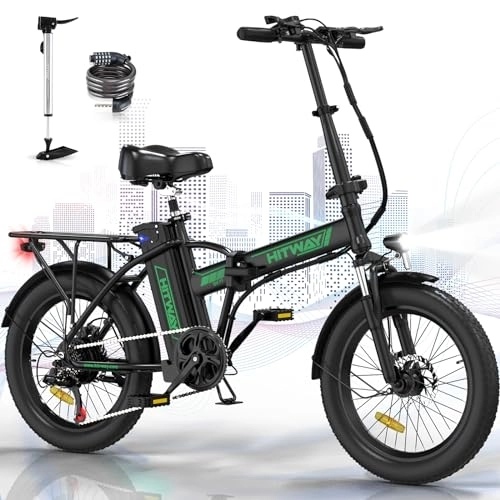 Bicicletas eléctrica : HITWAY Bicicleta eléctrica 20 * 3.0 Bicicleta Montaña Plegable Ebike Fatbike, 36V / 12Ah Batería, 250W Motor, 7 Vel, E-MTB, Pedal Assist, Alcance 35-90KM, Negro y verde