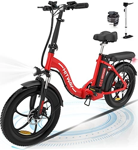 Bicicletas eléctrica : HITWAY Bicicleta eléctrica 20' Fatbike Bicicleta Montaña Plegable Ebike, 250W Motor, 36V / 11, 2Ah Batería, Shimano 7 Vel, Pedal Assist, Alcance 35-90KM, E-MTB Adultos Urbana, Rojo-Nuevo-Legal (BK6)