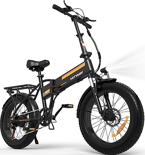 Bicicletas eléctrica : HITWAY Bicicleta eléctrica 20'' x 4.0 Fat Tire E-Bike con Motor de 250W, Bicicleta eléctrica Plegable con batería extraíble de 36V 12AH, E Bike de Largo Alcance para montaña, Playa y Nieve NEGRO-NARANJA