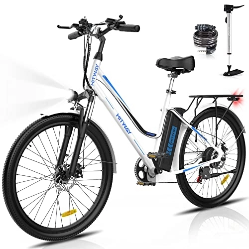 Bicicletas eléctrica : HITWAY Bicicleta eléctrica Mujer 26 Pulgadas, Motor 250 W, 36V / 11, 2Ah batería, 7 Vel, Pedal Assist, Alcance de hasta 35-90 km, Adultos Urbana City E-Bike, BK8-Blanco-EU