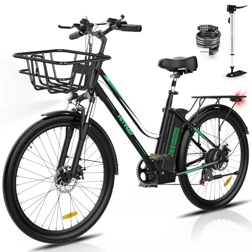 Bicicletas eléctrica : HITWAY Bicicleta eléctrica Mujer 26 Pulgadas, Motor 250 W, 36V / 12Ah batería, 7 Vel, Pedal Assist, Alcance de hasta 35-90 km, Adultos Urbana City E-Bike…