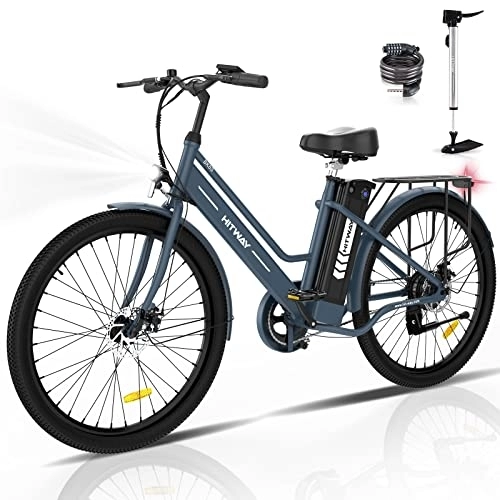 Bicicletas eléctrica : HITWAY Bicicleta eléctrica Mujer 26 Pulgadas, Motor 250 W, 36V / 8, 4Ah, Pedal Assist, Alcance de hasta 35-70 km, Adultos Urbana City E-Bike, BK8S-azul-8.4AH