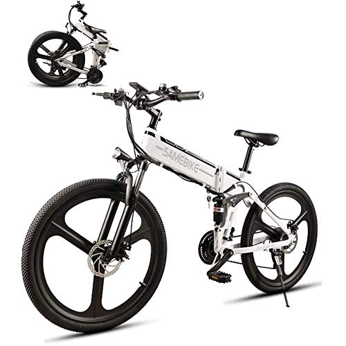 Bicicletas eléctrica : HSART Bicicleta Eléctrica de Montaña 26 '' para Adultos Ebike 350W con Batería Litio De 48V 10Ah, Brillante Faro LED y Bocina, 21 Engranaje Velocidad (Blanco)