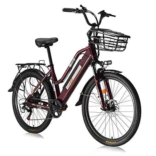 Bicicletas eléctrica : Hyuhome Bicicleta eléctrica para Mujer, 26'' Bicicleta eléctrica para Adultos, Bicicletas eléctricas con Cambio Shimano de 7 velocidades, Bicicleta eléctrica con batería de 36V 10Ah (marrón)