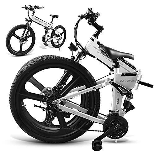 Bicicletas eléctrica : JINGJIN Bicicleta Eléctrica Urbana, Bicicleta Eléctrica Plegable de 26 Pulgadas con batería de Litio 48V10AH, Contador Central LCD con USB, Carga útil150 kg, White-B