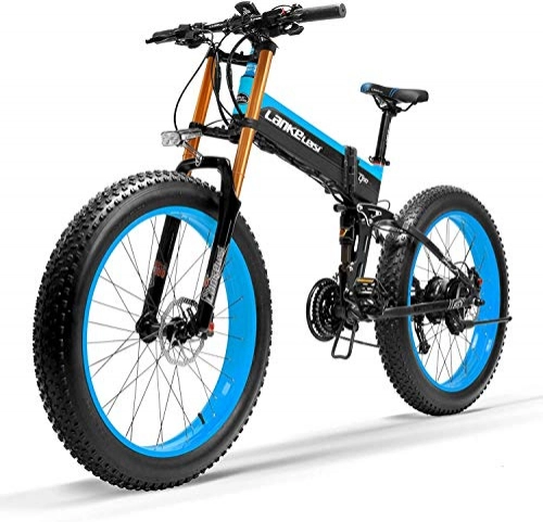 Bicicletas eléctrica : JINHH 27 Velocidad 1000W Bicicleta eléctrica Plegable 26 * 4.0 Fat Bike 5 Pas Freno de Disco hidráulico 48V 10Ah Carga de batería de Litio extraíble (Azul actualizado, 1000W)