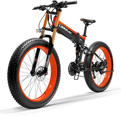 Bicicletas eléctrica : JINHH 27 Velocidad 1000W Bicicleta eléctrica Plegable 26 * 4.0 Fat Bike 5 Pas Freno de Disco hidráulico 48V 10Ah Carga de batería de Litio extraíble (Rojo Mejorado, 1000W + 1 Ba de Repuesto