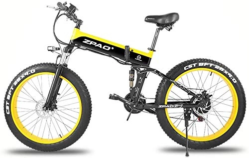 Bicicletas eléctrica : JINHH Bicicleta de montaña Plegable de 48V 500W, Bicicleta eléctrica de 4.0 Fat Tire, Manillar Ajustable, Pantalla LCD con Enchufe USB (Color: Amarillo, tamaño: 12.8Ah1SpareBattery)