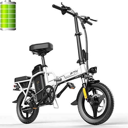 Bicicletas eléctrica : JUYUN Bicicleta Eléctrica Plegable 14 Pulgadas con Motor 350W y Batería de Litio 48V 15Ah, Velocidad Máxima de 25km / h, Frenos de Disco, E-Bike para Aventura y Viajes, Blanco