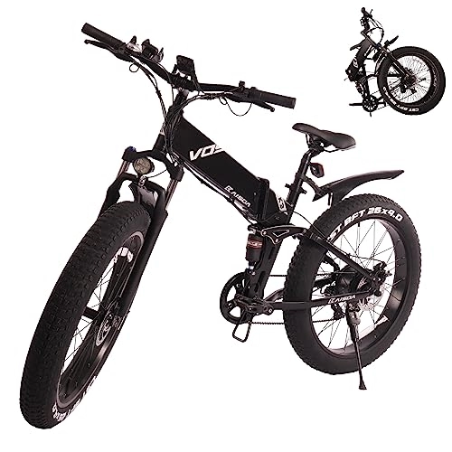 Bicicletas eléctrica : K3 FATBIKE Bicicleta Eléctrica Plegable de 26 Pulgadas de Neumático Grueso, Bicicleta de Montaña Eléctrica con Batería Extraíble 48V10AH de Shimano 7 Velocidades, con Aortiguador Trasero