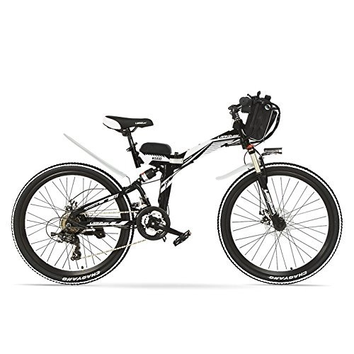 Bicicletas eléctrica : K660D 26 pulgadas Strong Powerful E Bike, Motor 48V 12AH 500W, Suspensin completa Marco de acero con alto contenido de carbono, Bicicleta elctrica plegable, Freno de disco. (Blanco negro, 500W)