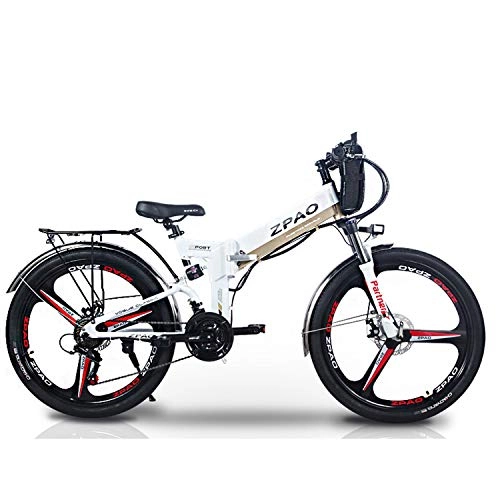 Bicicletas eléctrica : KB26 26" Bicicleta plegable de 21 velocidades, batera de litio de 48V 10.4Ah, bicicleta de montaña 350W, asistente de pedales de 5 niveles, horquilla de suspensin (Blanco Batera doble, Estndar)