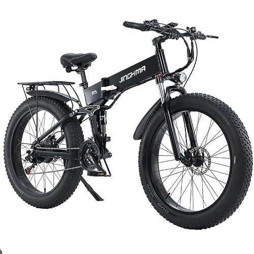 Bicicletas eléctrica : Kinsella JINGHMA R5 bicicleta plegable de suspensión completa, batería de litio 48V14ah incorporada, neumáticos anchos CST26*4.0, Shimano 7 velocidades, sistema de freno de disco (negro)