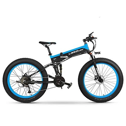 Bicicletas eléctrica : Knewss Bicicleta elctrica de 26 Pulgadas, Bicicleta Plegable de montaña, batera de Litio, Freno electromagntico EBS, Potencia del Motor 1000W, plegable-36V8AH Azul