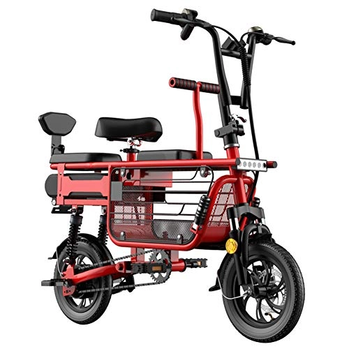 Bicicletas eléctrica : KT Mall Bicicleta eléctrica para Adultos de 3 plazas Vespa 48v batería Litio con Asiento Infantil Almacenamiento Basket12 Pulgadas Neumáticos LCD para la Tercera Edad en Uso de Las Compras, Red15ah