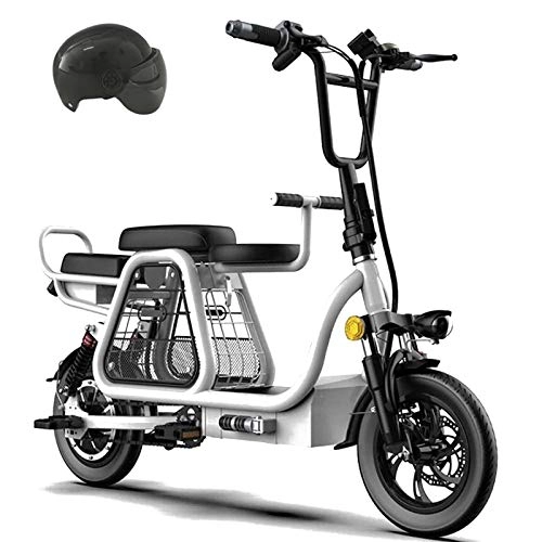 Bicicletas eléctrica : KT Mall Tres plazas Scooters eléctricos para Adultos de 12 Pulgadas Bicicleta Plegable eléctrica con Asiento Infantil y la Cesta del almacenaje eléctrico de la Bicicleta con Pantalla LCD, Blanco, 15A