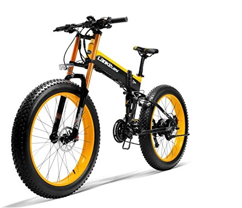 Bicicletas eléctrica : Lankeleisi 750plus 48V 14.5ah 1000Wde función Completa 26"4.0 neumático Grande MTB Bicicleta eléctrica Plegable Hombres y Mujeres Adultos Tenedor Anti-actualización (Amarillo, 1000W)