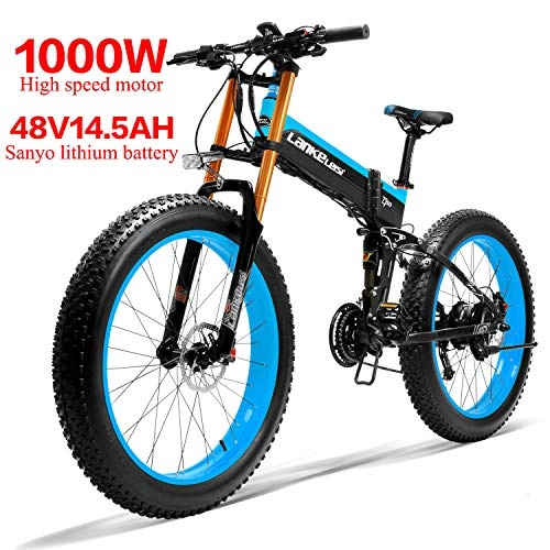 Bicicletas eléctrica : LANKELEISI 750PLUS 48V14.5AH 1000W Motor Bicicleta elctrica con Todas Las Funciones 26''4.0 Bicicleta de montaña de Nieve de 27 velocidades Plegable Bicicleta Adulta(Azul)